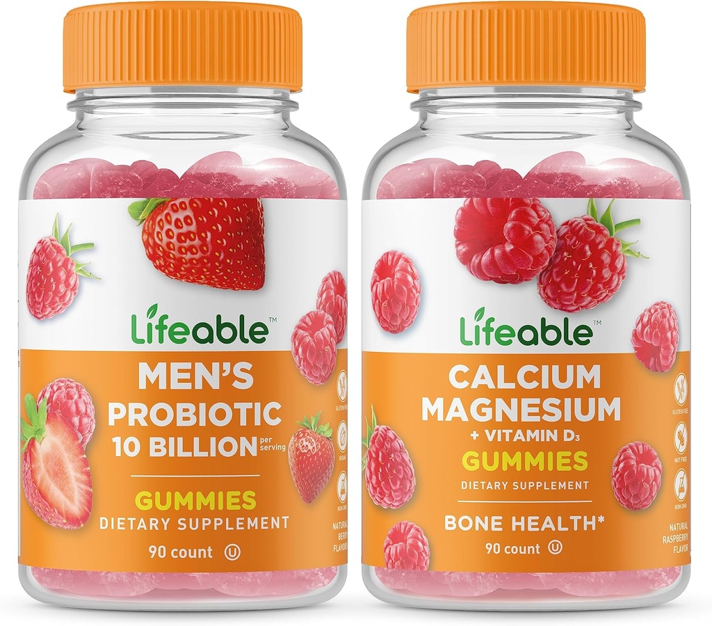 Livbare menn probiotiske 10 milliarder + kalsium Magnesium, Gummier Bundle - Great Tasting, Vitamin Supplement, Glutenfri, GMO Gratis, Chewable Gummy