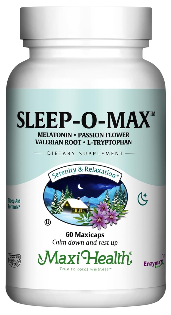 Maxi Helse Voksne Herbal Sleep-O-Max med Valerian Root, Melatonin, Tryptophan, Passionflower - naturlig søvnsupplement - rolig søvnstøtte Formula