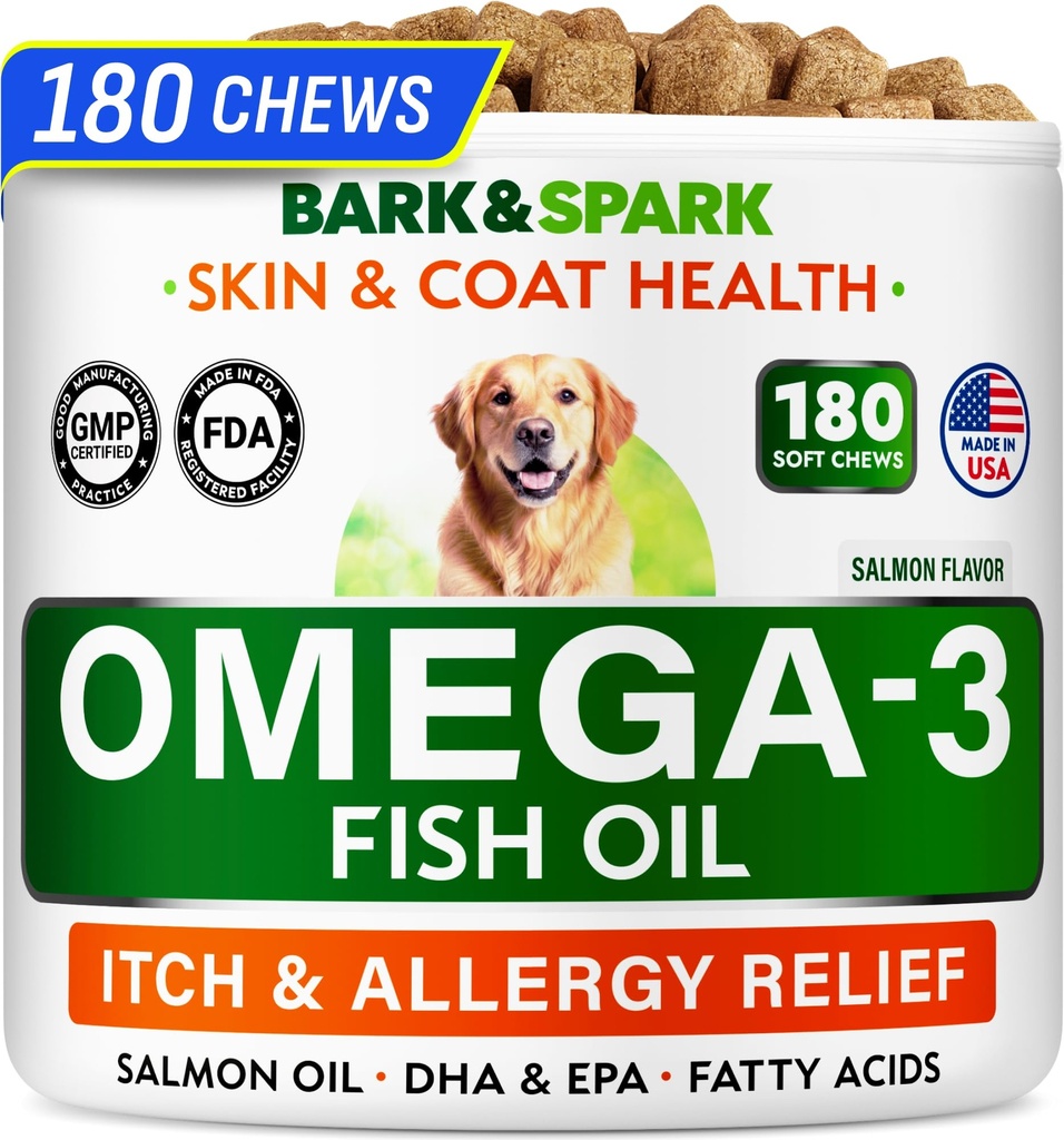 BARK & SPARK Omega 3 for hunder - 180 fiskeoljebehandlinger for hund shedding, hudallergi, klør lindring, varme flekker behandling - felles helse - hud og Coat Supplement - EPA & DHA fettsyrer - laks olje