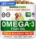 BARK & SPARK Omega 3 for hunder - 180 fiskeoljebehandlinger for hund shedding, hudallergi, klør lindring, varme flekker behandling - felles helse - hud og Coat Supplement - EPA & DHA fettsyrer - laks olje