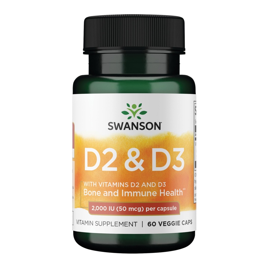 Swanson Vitamin D-kompleks med vitaminer D2 & D3 - Komplett Sunshine Vitamin Complex for bein, tann- og immunhelse - vitamin Supplement (50mg, 60 Veggie Kapsler)