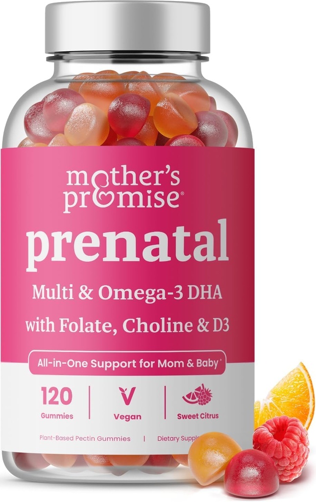 Prenatal Vitamin Gummies med DHA | Vegan prenatal vitaminer for kvinner med Omega 3, Metylfolat, Choline og D3, Graviditet vitaminer for Fetal utvikling | Gummy Multivitamin Supplement, 120 greve