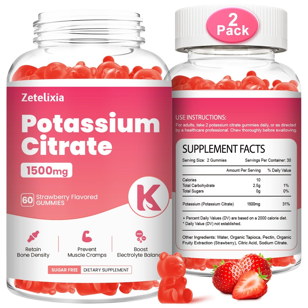 2 Pakke Kalium Gummier for voksne kvinner og menn, Kalium Citrat Supplement, Support Ben Cramps, Muskel Helse og Electrolyte Balance, Sukkerfri, Økologisk, Vegansk, Jordbær, 120 Cts