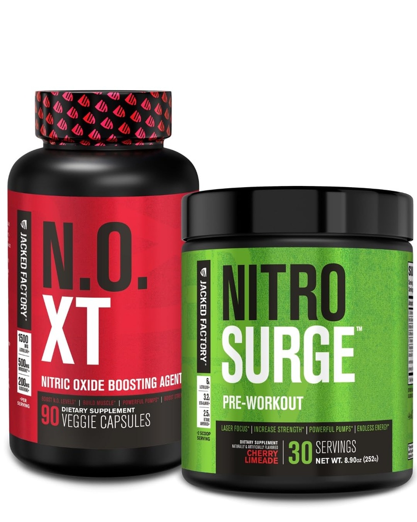 Jacked Factory Pre trening Stack - N.O XT Nitric Oxid Booster & NITROSURGE høy energi pre trening drivstoff