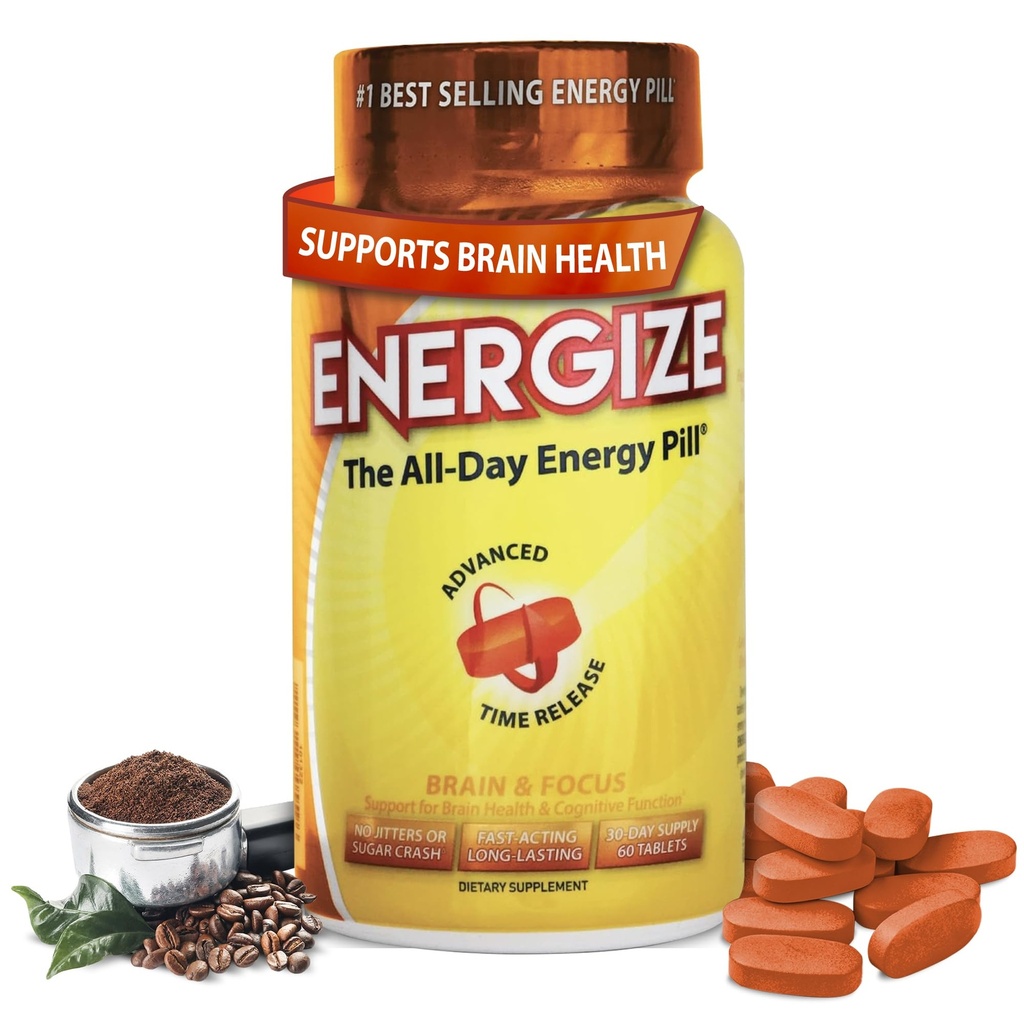 iSatori Energize Brain & Focus Koffeinpiller - Raskt fungerende hele dagen energipiller, Brain Booster, Energi og Focus Supplement, Time Release Koffein betyr ingen Jitters, Ingen Crash (60 tabletter)