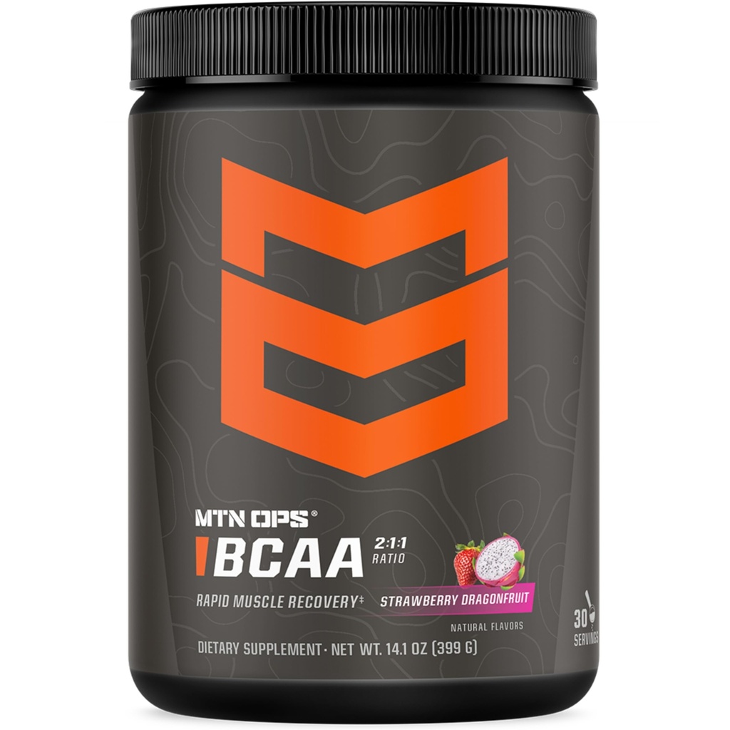 MTN OPS BCAA 2:1:1 Aminosyrer Supplerende pulver for rask muskelgjenvinning og reparasjon med null sukker og glutenfri (30-Serving Tub, Jordbær Dragonfrukt)