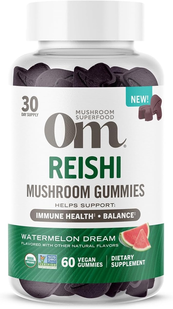 Om Mushroom Superfood Reishi Gummies, USA Voksen Organic Mushrooms, støtter immun helse, balanse, og stress, 60 greve, 30 Services Gummy Supplements