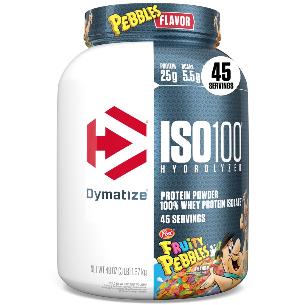 Dymatize x Fruity Pebbles ISO100 Whey Protein pulver isolat, 25g protein, 5,5 g BCAA, 120 Cal., Glutenfri, 1g fett, 1g sukker, 2g karbohydrat (45 serveringer)