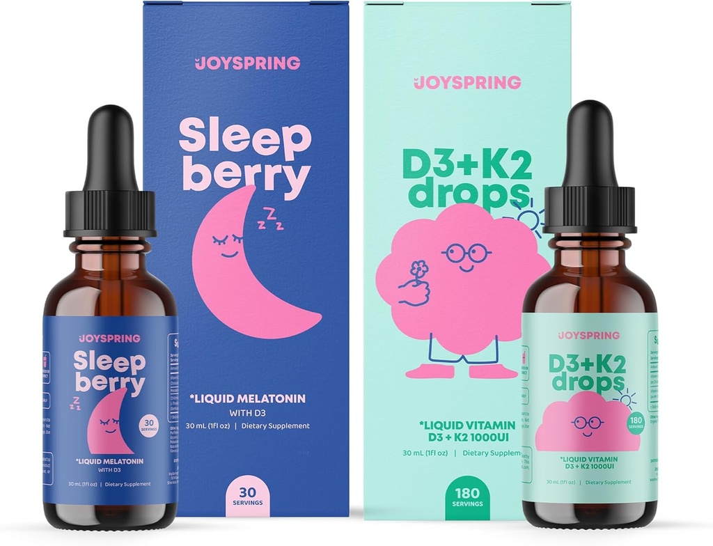 JoySpring vitamin D3 K2 for barn kan støtte sunn immunsystem vitamin D for barn og flytende melatonin for barn søvnstøtte