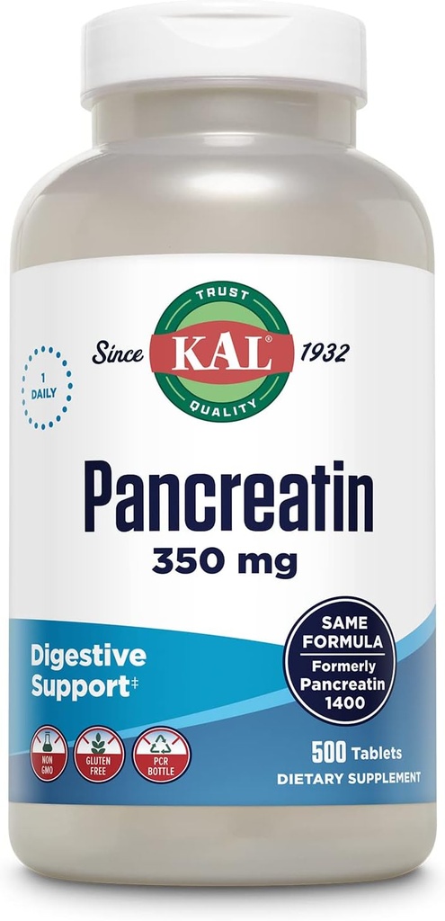 KAL Pancreatin 350mg, Digestive Enzymer for kvinner og menn, Pankreatiske Enzymer for Digestive Helse Støtte, Glutenfri, Ikke-GMO, Rask disintegrasjon, 60-dagers garanti, 500 serveringer, 500 tabletter