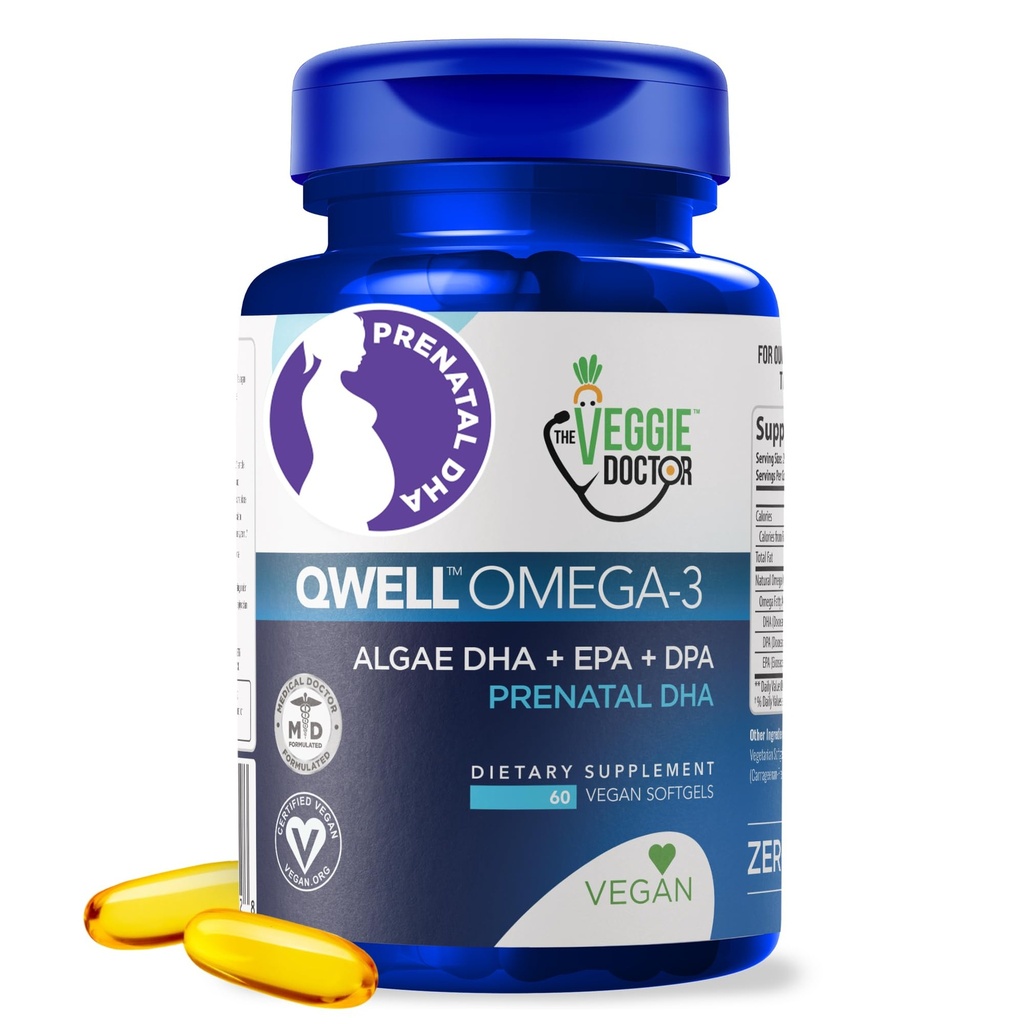 Vegansk prenatal vitaminer med DHA (60 greve) Omega-3 - Qwell bedre enn fiskeolje, hjernefunksjon - 820 Mg Algae DHA & EPA, Vegansk prenatal vitaminer med vitamin E, Carrageenan-fri