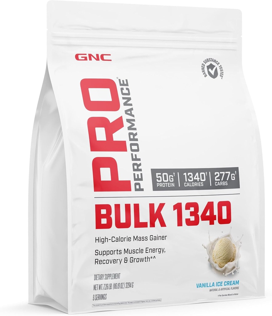 GNC Pro Performance Bulk 1340 Mass Gainer Protein pulver, 50g, Glutenfri, Whey, Kreatin, BCAA, 3. part testet, Muskelutvinning og vekst, Mikronæringsstoffer, Vanilla Iskrem, 9 serveringer