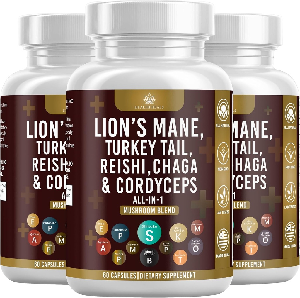 Mushroom Supplement med Lions Mane Tyrkia Tail Reishi Cordyceps Chaga Marshmallow Root - 180 Count