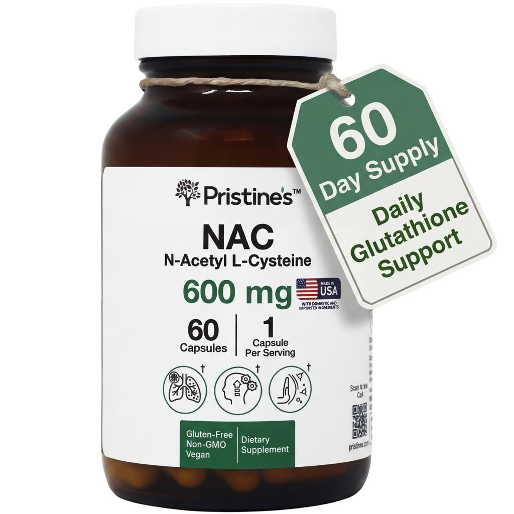 PRISTINE'S N-Acetyl L-cysteine (NAC) 600MG 60-dagers Supplement Kapsler - Glutation & Liver Detox Støtte - Potent Antioksidant - Vegansk, Glutenfri, Ikke GMO Glass Flaske
