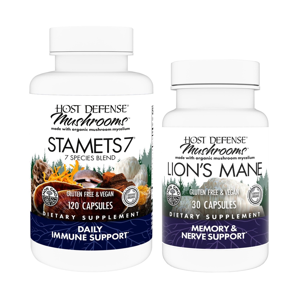 Host Defense Bundle med Stamets 7, 120 greve & Lion's Mane Capsules, 30 greve - støtte immun helse og funksjon - støtte hjerne helse, minne og fokus*
