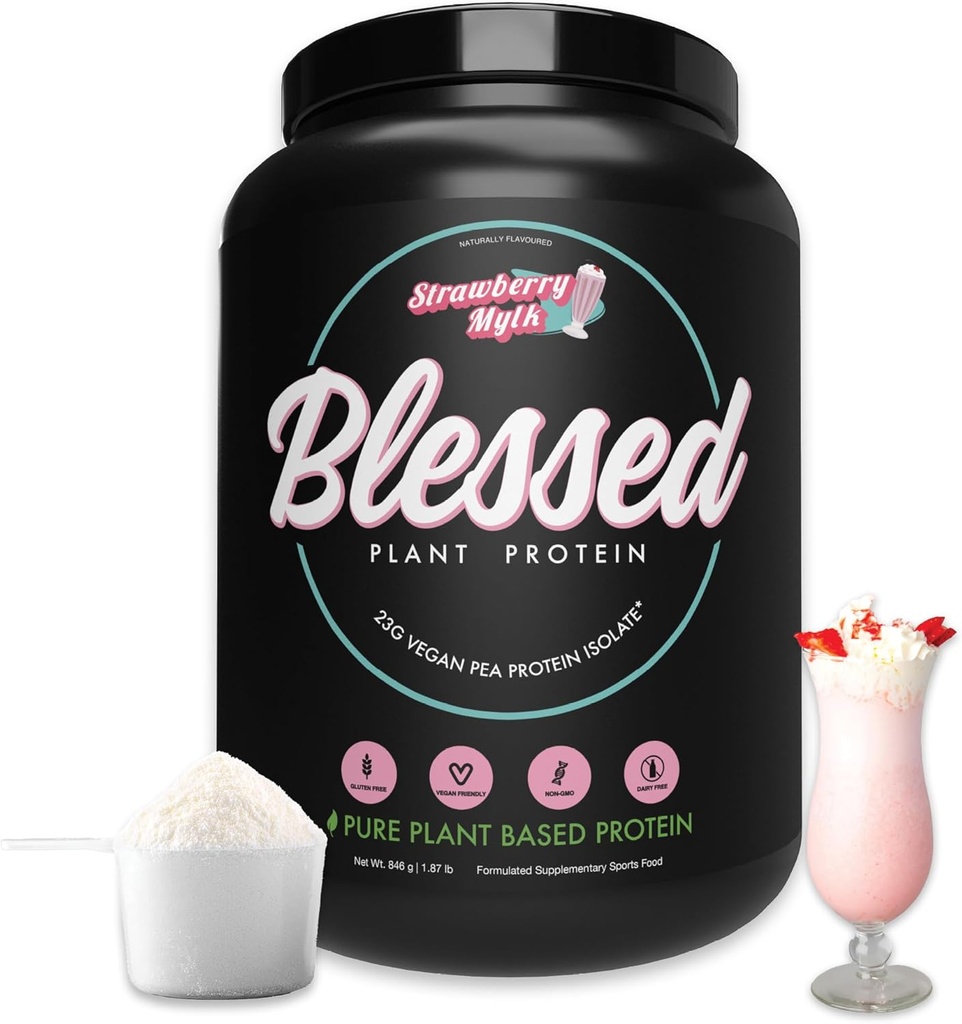 Velsignet vegansk protein pulver - Plantebasert protein pulver måltid utskiftning protein riste, 23 g era protein pulver, maleri gratis, glutenfri, soya gratis, ingen sukker tilsatt, 30 serveringer (Strawberry Mylk)