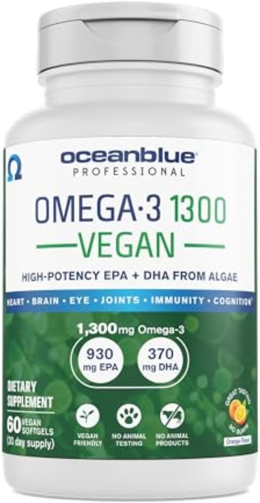 Oceanblue Professional Vegan Omega 3 1300-60 greve - Plantebasert fiskeolje alternativ, høy potens Vegan DHA EPA Algae Olje Supplement - Ikke-GMO, 30 Services