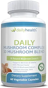 Daglig helse 10 Mushroom Blend Complex 60 Kapsler Cordyceps, Reishi, Shiitake, Lions Mane, Maitake, Tyrkia Tail, Chaga, Agaricus, Hvit knapp, Svart Fungus, Vegansk Vennlig (1 måned Supply)
