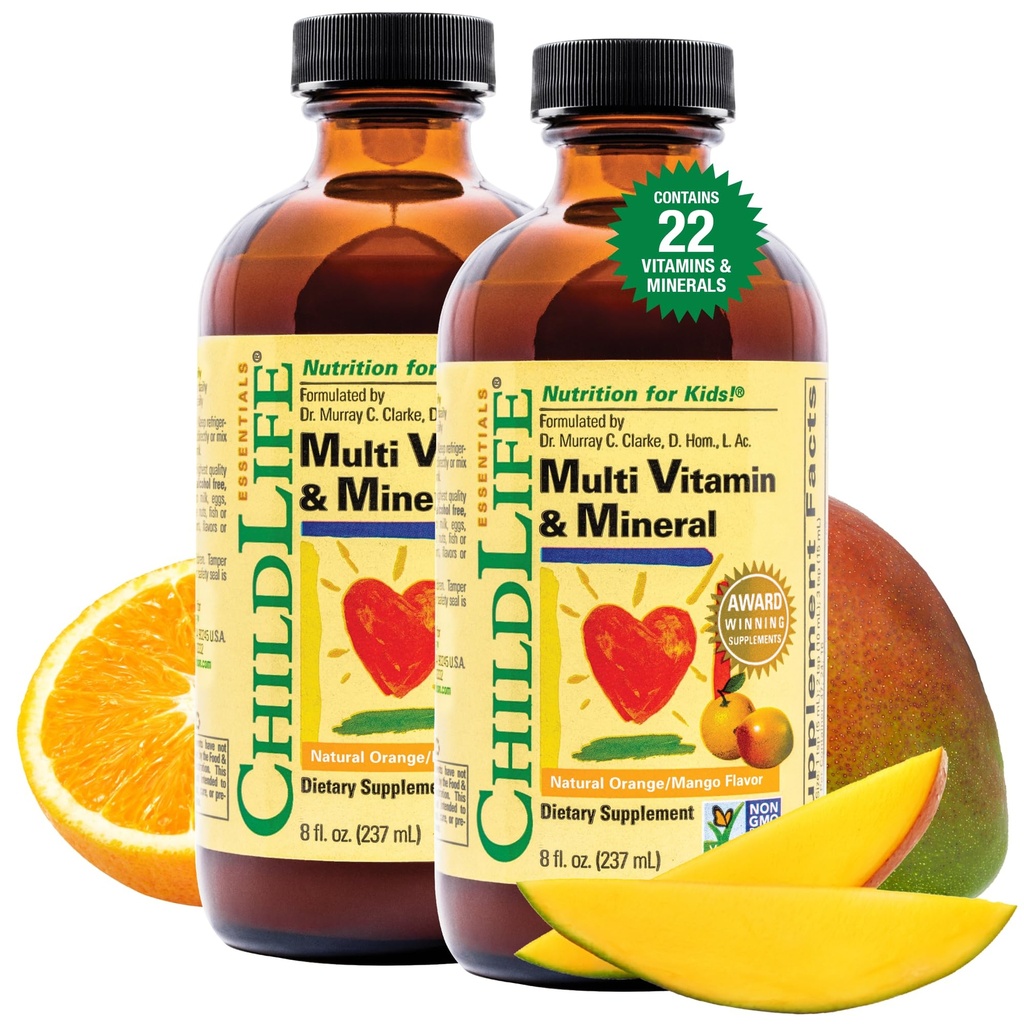 CHILDLIFE ESSENTIALS Kids Multivitamin & Mineral - Kids Vitaminer, Flytende Multivitamin for barn, Toddler Multivitaminer, Flytende vitaminer, Baby Multivitamin - Naturlig Orange & Mango, 8 Fl Oz (Pack of 2)