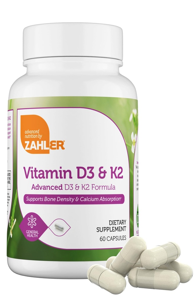 Zahler vitamin D3 5000 IU K2 - Avansert vitamin D3 K2 Formel - Beintetthet og kalsiumabsorpsjon - Kosher Vegetarian MK7 vitamin K2 D3 Vitamin Supplement - VIT D3 K2, vitamin D K2 (60 kapsler)
