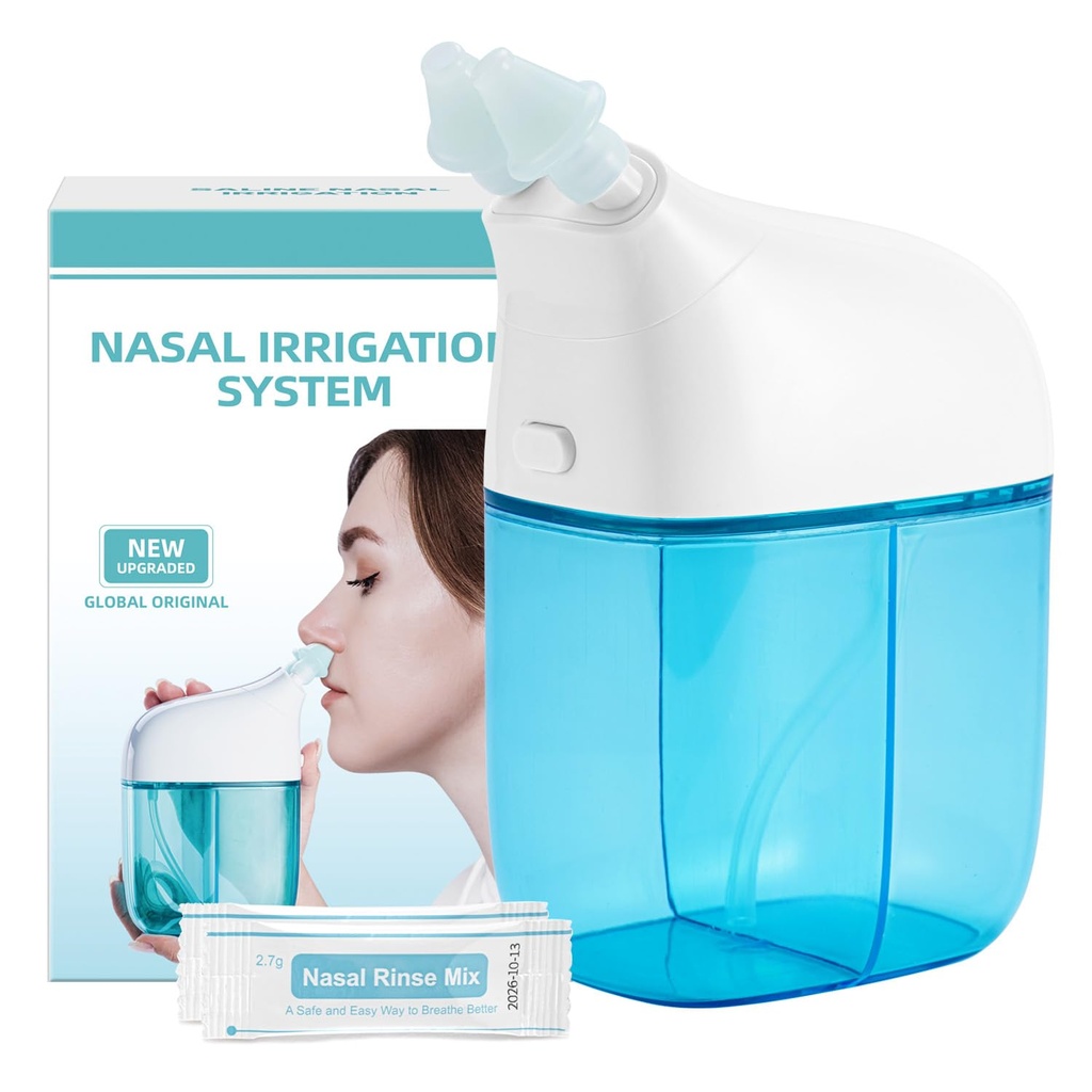 Nasal irrigasjonssystem med 30 saltpakker, sinus rengjøringsmaskin, nese Sinus rengjøringsmaskin med vanntank og avfallssamlingstank - blå