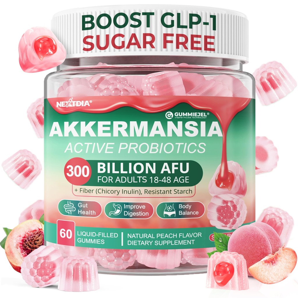 Akkermansia Probiotika Gummier med prebiotika Fiber, 300 milliarder AFU Akkermansia Mucinifila, med polyfenolfrukter, motstandsdyktig Starch, vitamin A D3 B2 for metastaser, Digestive & Gut Health, 1Pack