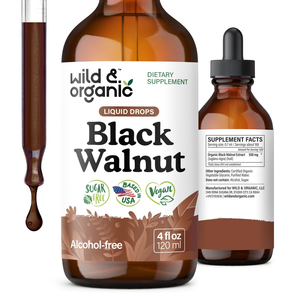 Wild & Organic Black Walnut Tinktur - Detox Cleanse w/Black Walnut Hull ekstrakt - Herbal Supplement for Gut Cleanse Detox og Digestive Well-Being - Vegan, sukker og alkohol-fri - 4 fl oz