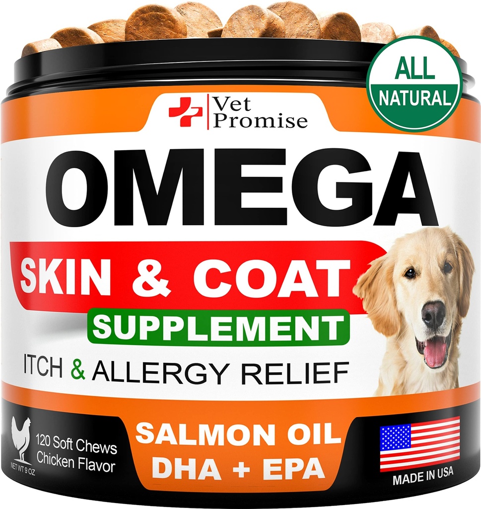 Omega 3 for hunder - Hud og Coat Supplement - Fiskolje for hunder Chews - Allergi og klør Relief - Antishedding Supplement - Tørr hudbehandling - Salmon olje - laget i USA - 120 Myke behandlinger