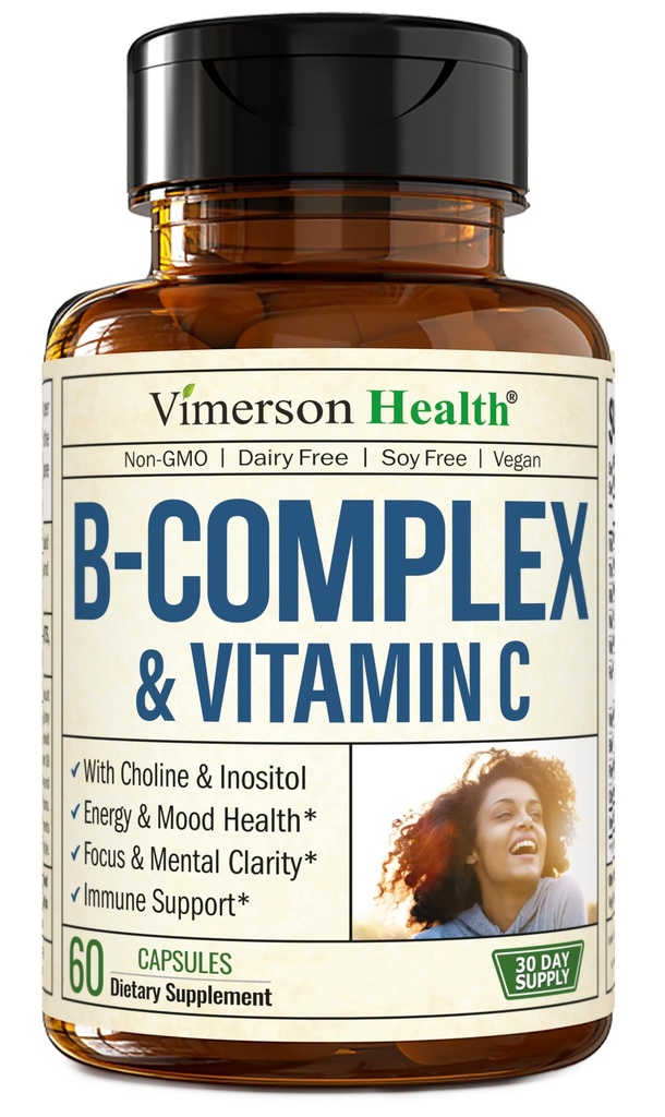 Vitamin B-kompleks med VIT C & Folic Acid (Folat) - 8 høy potens B-vitaminer: B1, B2, B3, B5, B6, B7, Vitamin B12 + Biotin, Choline & Inositol. Hjelpemidler Mood, energi, nervesystem og immunstøtte