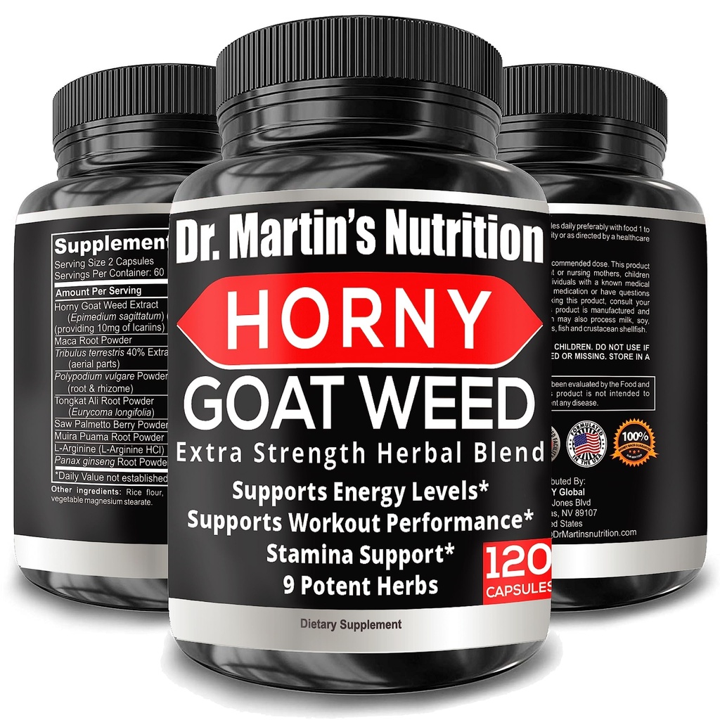 Super styrke 1590mg Horny Goat Weed 120 kapsler med Maca Arginine & Ginseng - naturlig øke din helse, trening ytelse, utholdenhet og energi, felles helse for menn og kvinner (120C)