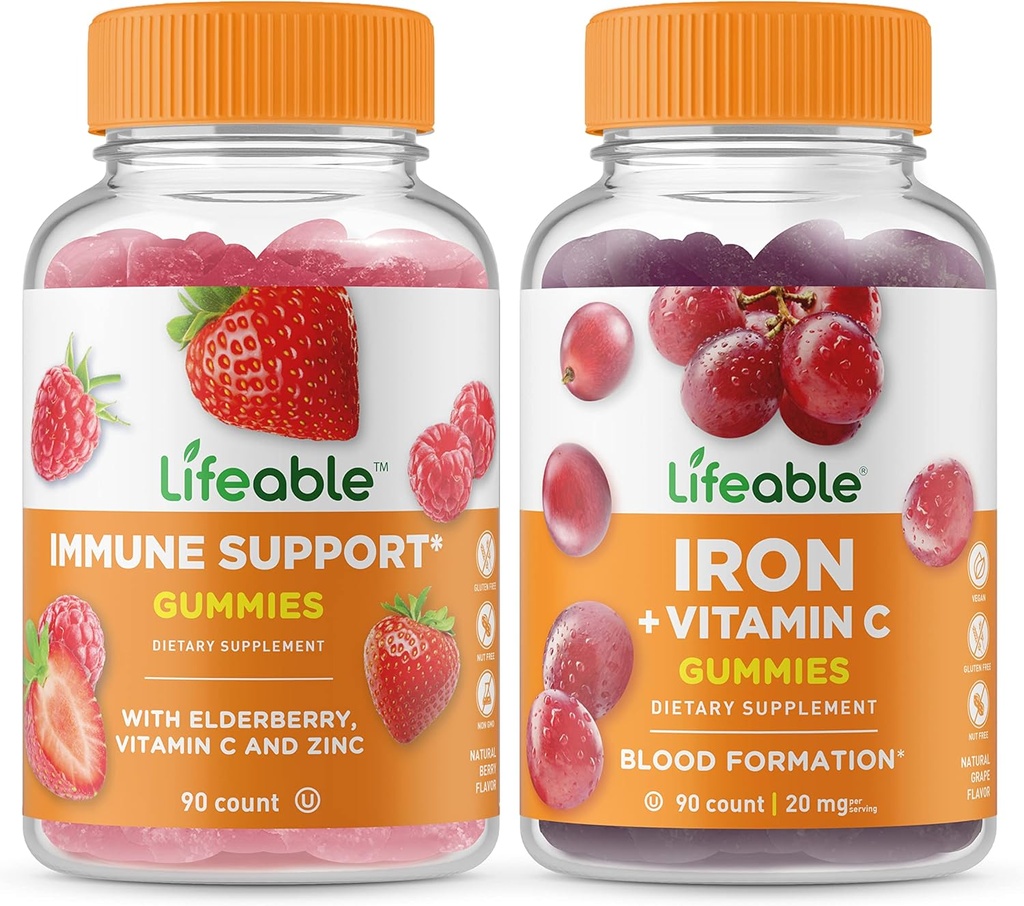 Livelig immun støtte + jern med vitamin C, gummier Bundle - Great Tasting, vitamin Supplement, Glutenfri, GMO Gratis, Chewable