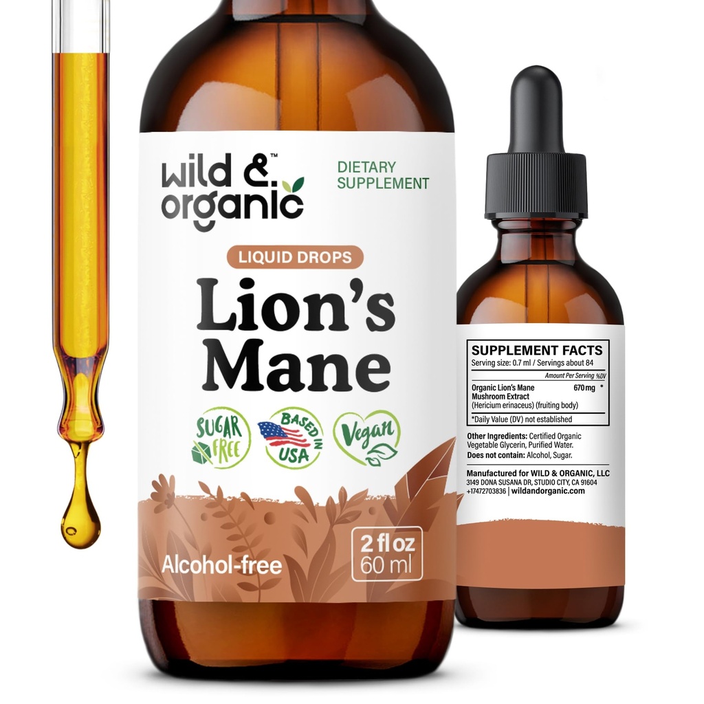 Wild & Organic Lions Mane flytende dråper - Focus & Brain Support - Lions Mane Supplement - Hericium Erinaceus Mushroom Extract Tinktur - Vegan, alkohol & sukker-fri - 2 fl oz