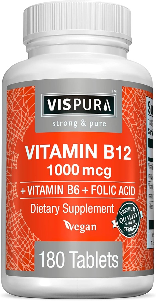 VISPURA Vitamin B12 1000 mhg Metylkobalamin + B6/Folsyre, 180 vegantabletter, beste kosttilskudd for å øke energi, forbedre humøret, skarpere fokus *, organisk kosttilskudd