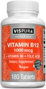 VISPURA Vitamin B12 1000 mhg Metylkobalamin + B6/Folsyre, 180 vegantabletter, beste kosttilskudd for å øke energi, forbedre humøret, skarpere fokus *, organisk kosttilskudd