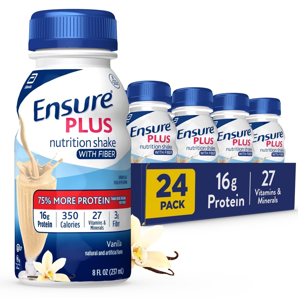Sørg for Plus Vanilla Nutrition Shake Med Fiber | Måltid Erstatning Shake | Klar til å drikke | 16g Protein og 27 vitaminer og mineraler | 8 fl oz - 24 Pack