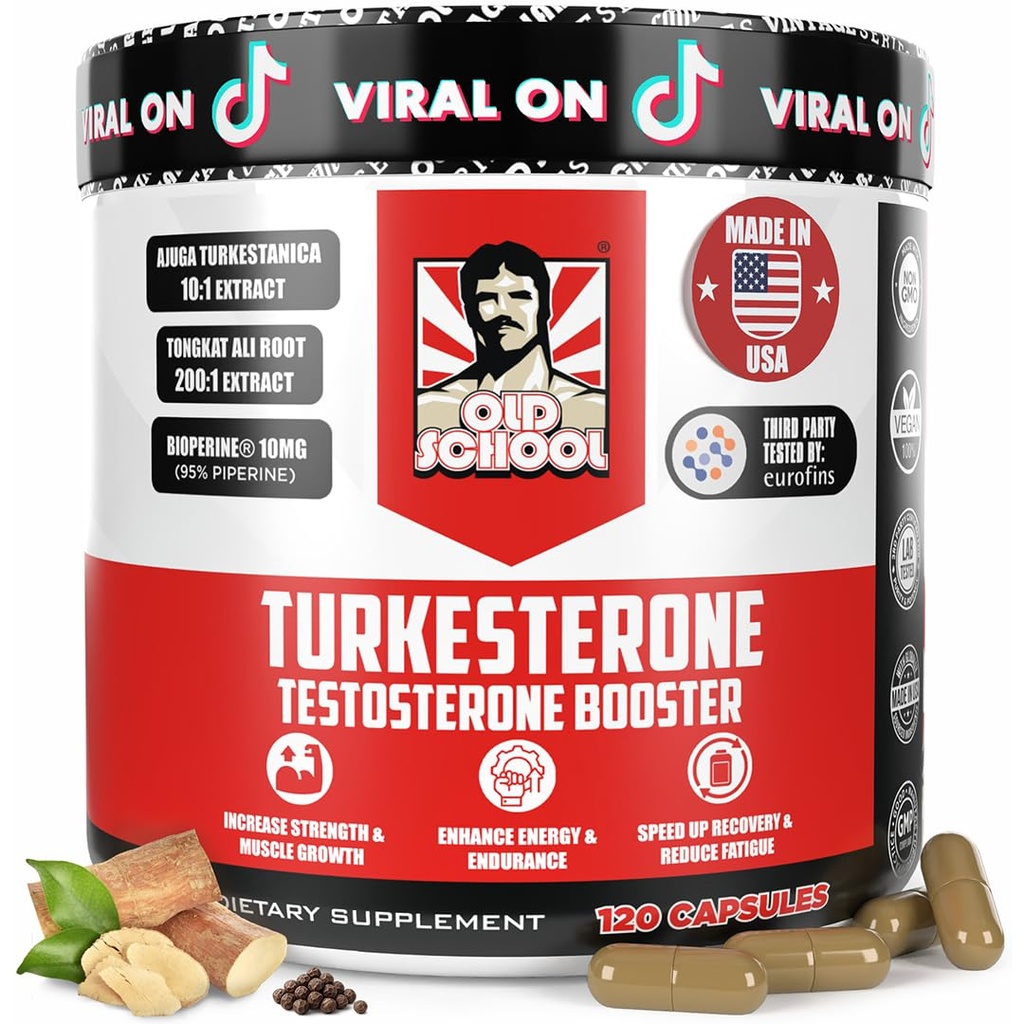 Old School Labs Testosteron Supplement for menn – Max potens Tongkat Ali med BioPerine® for maksimal absorpsjon, støtter muskel, styrke, gjenoppretting, kjøre og utholdenhet – Turkesteron, 120 kapsler
