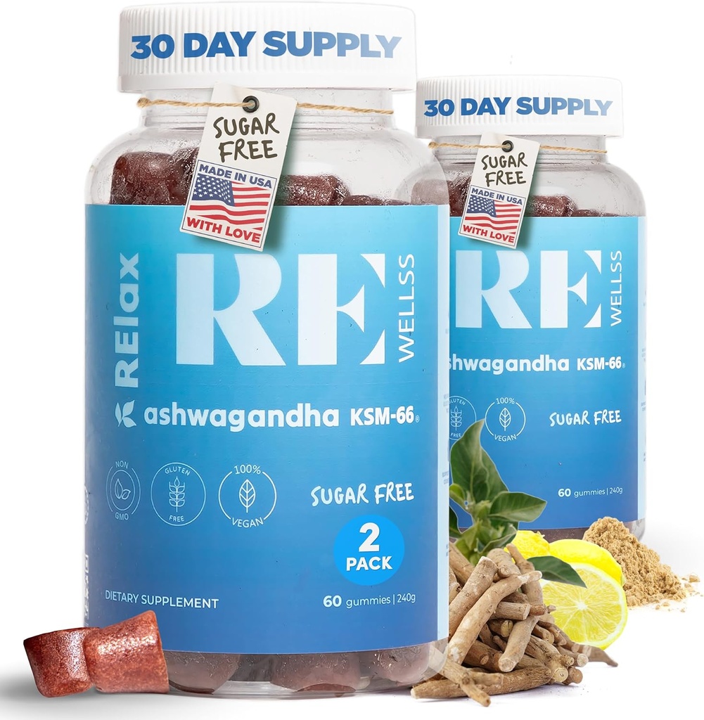 Ashwagandha & Vitamin D Gummies | Diett Supplements | KSM 66 Ashwagandha for Stress Support 300mg L-Theanine Lemon Balm | Naturlig Herbal Non-GMO Sukker Gratis Gluten og Gelatin Gratis | 2 Pack