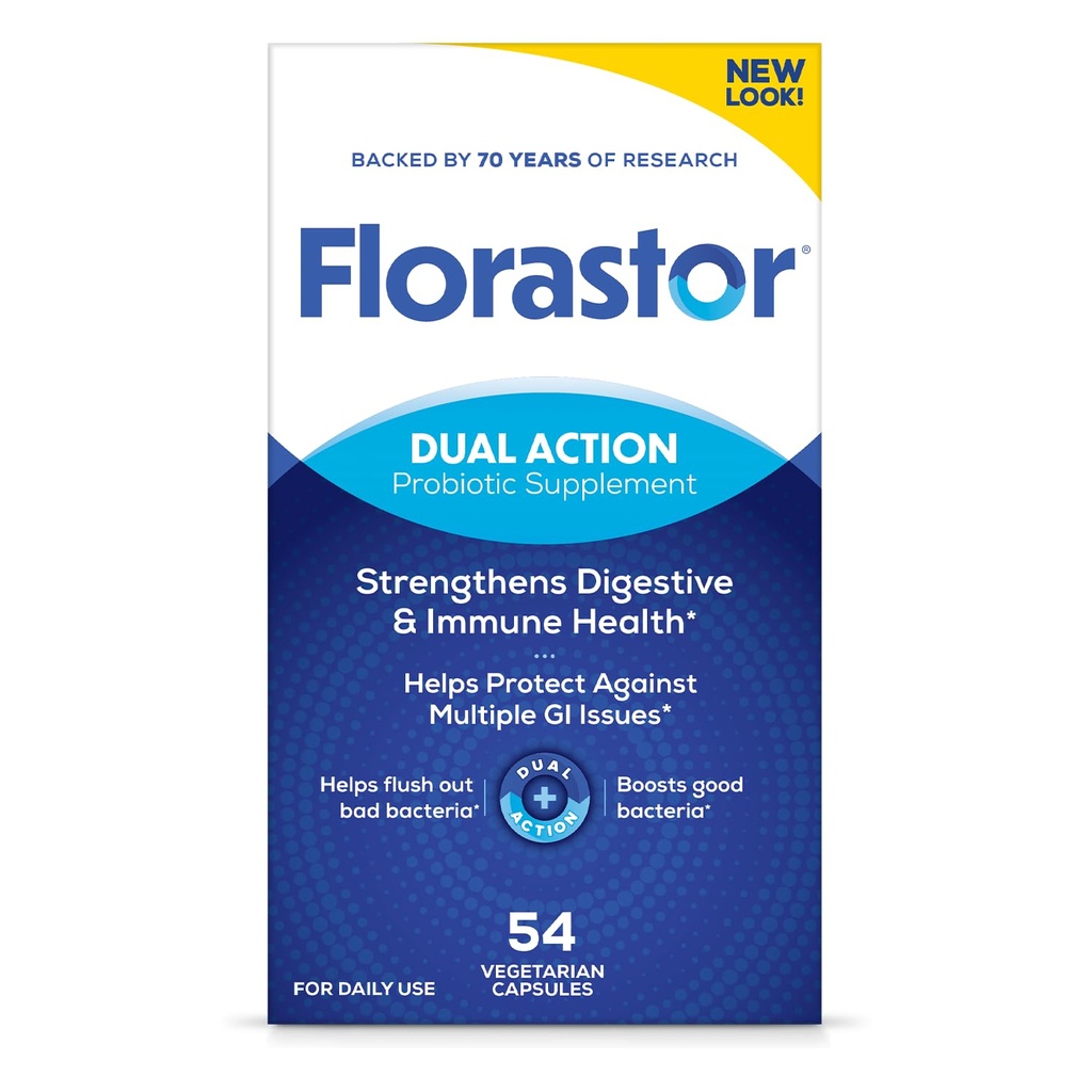Florastor Probiotika for Digestive og Immune Helse, 54 kapsler, Probiotika for kvinner og menn, hjelper flush ut dårlige bakterier, øker det gode med vår StrainShortcut Boulardii, emballasje May Vary