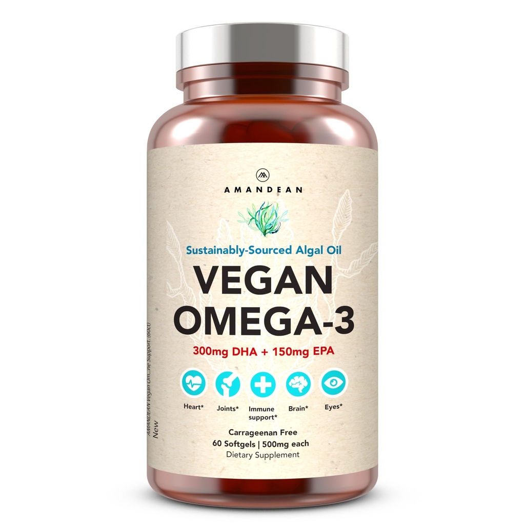 Amandean Vegan Omega 3 Supplement. Premium fiskeolje alternativ. Algae DHA & EPA. Carrageenan Free Softgels. Algal essensielle fettsyrer. Plantebasert hjerte, hjerne, øye, hud, immunstøtte. (60ct)