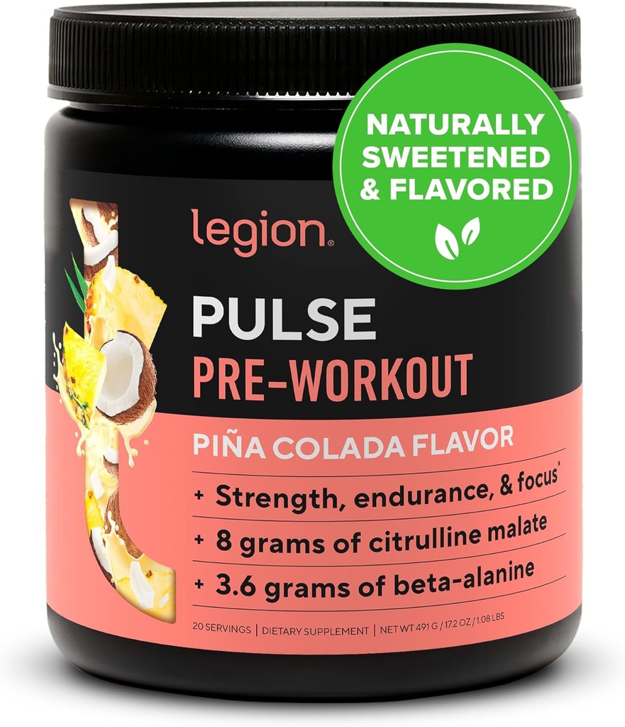 LEGION Pulse Pre Workout - All naturlig nitric oksid preworkout drikk å øke energi, kreatinfri, naturlig søtet, Beta Alanine, Citrulline, Alpha GPC (Pina Colada)