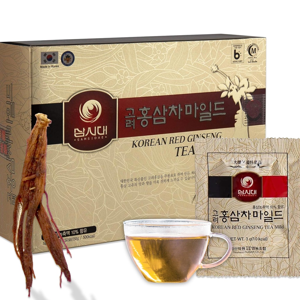 SAMSIDAE Korean Panax Red Ginseng Instant Tea, Box med 50 Sachets, forbedrer blodsirkulasjon, intellektuelle ytelser og minne, stimulerer energi