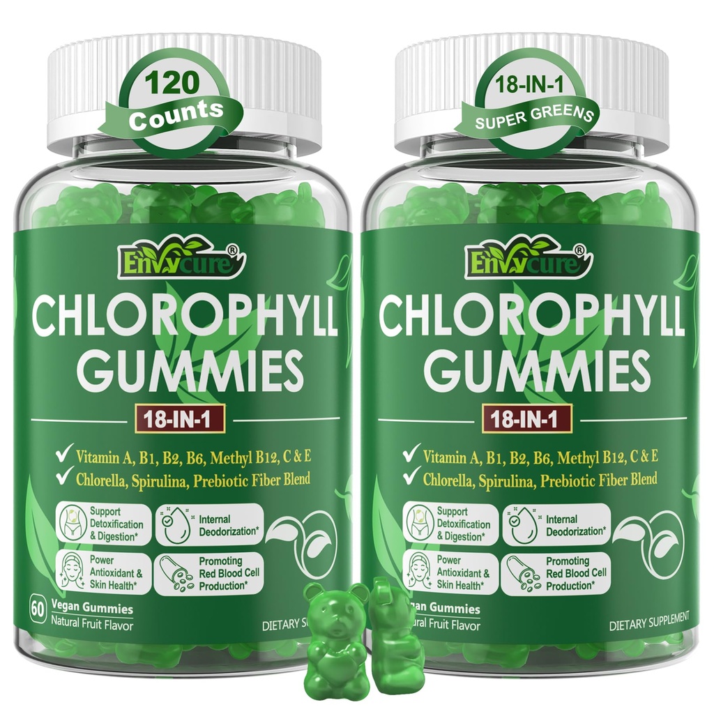 Klorofyll Gummier, Super Green 18-IN-1 med organisk klorella Spirulina, hvetekorn, Magnesium, Prebiotisk Fiber for intern deodorant*, Komfort digestion, metabolisme,Immune, frisk kropp Odor, 2Packs