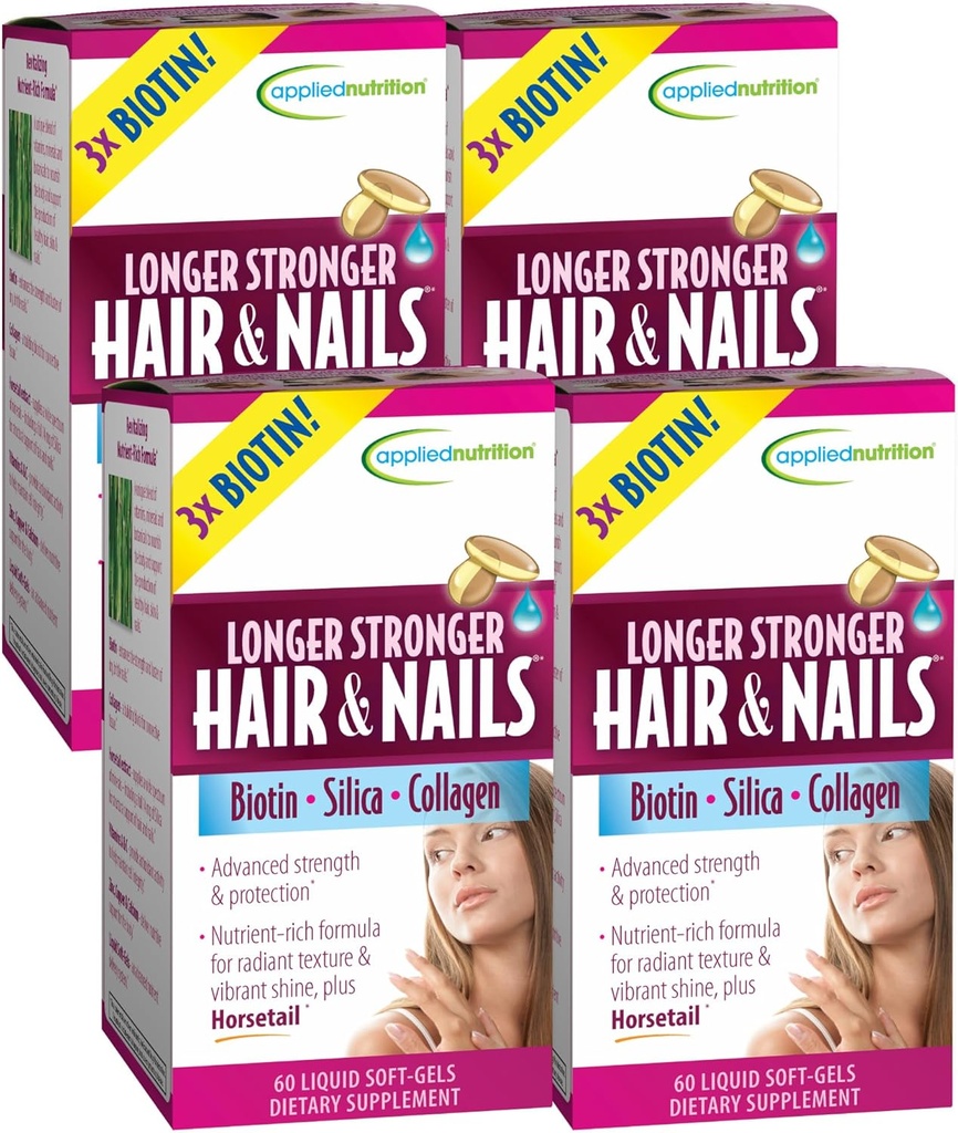 Brukt Ernæring Langere Sterkere Hår og negler - 60 Flytende Soft-Gels, Pakke med 4 - Biotin, Silica & Collagen - 120 Serveringer