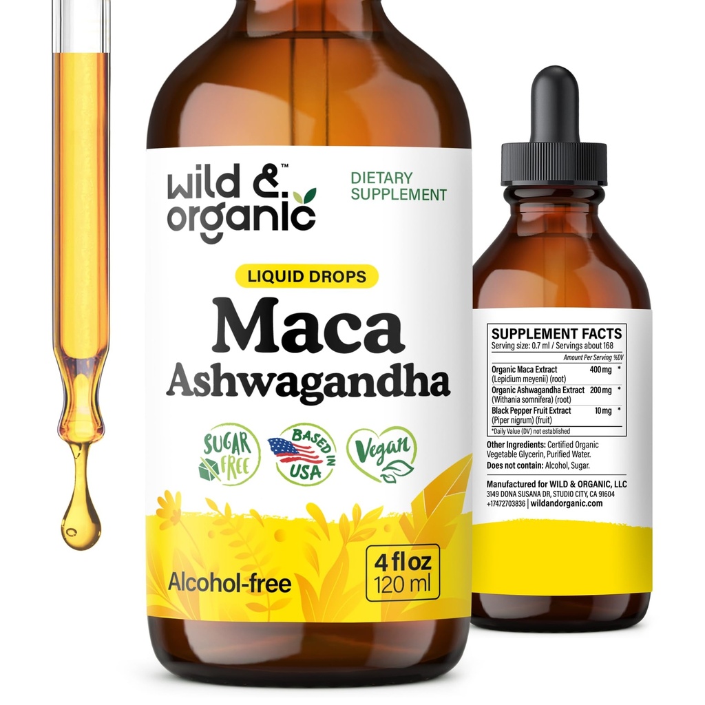 Wild & Organic Maca Root Ashwagandha Drops for menn og kvinner - flytende Maca Ashwagandha Supplement for generell støtte - Perun Extract Tinktur - Vegan, Sukker & alkohol-fri - 4 fl oz