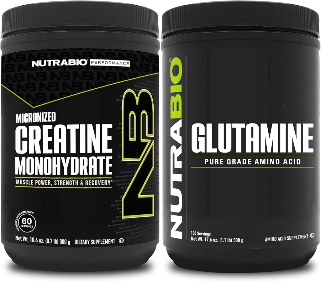 NutraBio Kreatin Monohydrat Supplement, Uflavorert, (300g) og L-Glutamin pulver, (500g) – Trening kosttilskudd Bundles støtter muskel energi, gjenoppretting og styrke