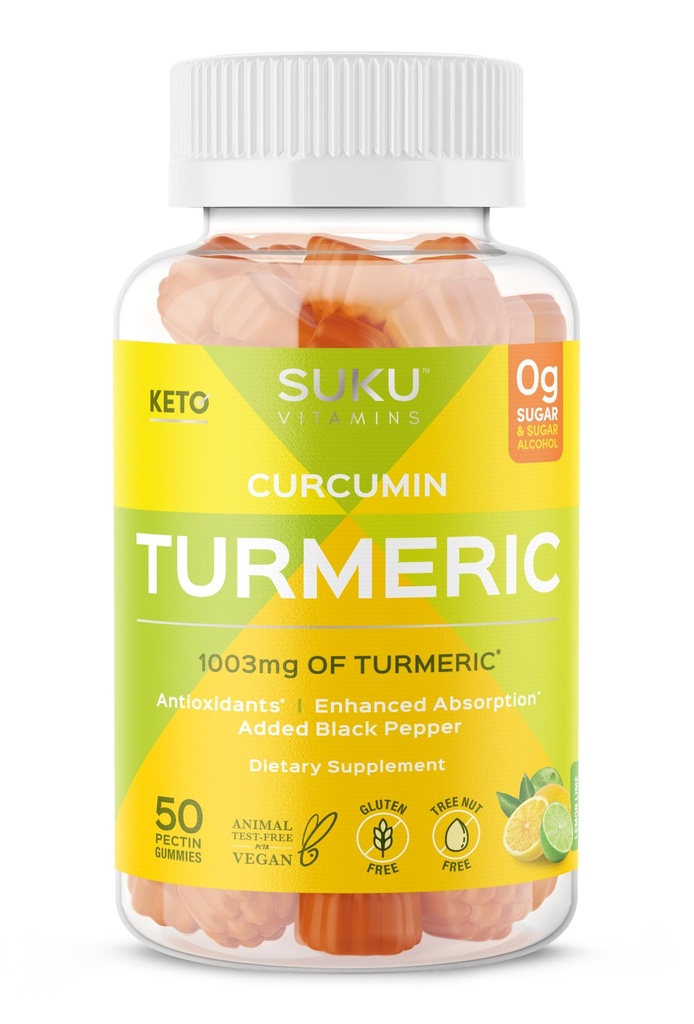 SUKU Turmeric Curcumin Sugar Free Gummies med 1003 mg gurkemeie - Black Pepper beskytter leveren, forbedrer sammensmelting, inflammasjonsrespons og felles helse – sitron lime smak (50 gummies)