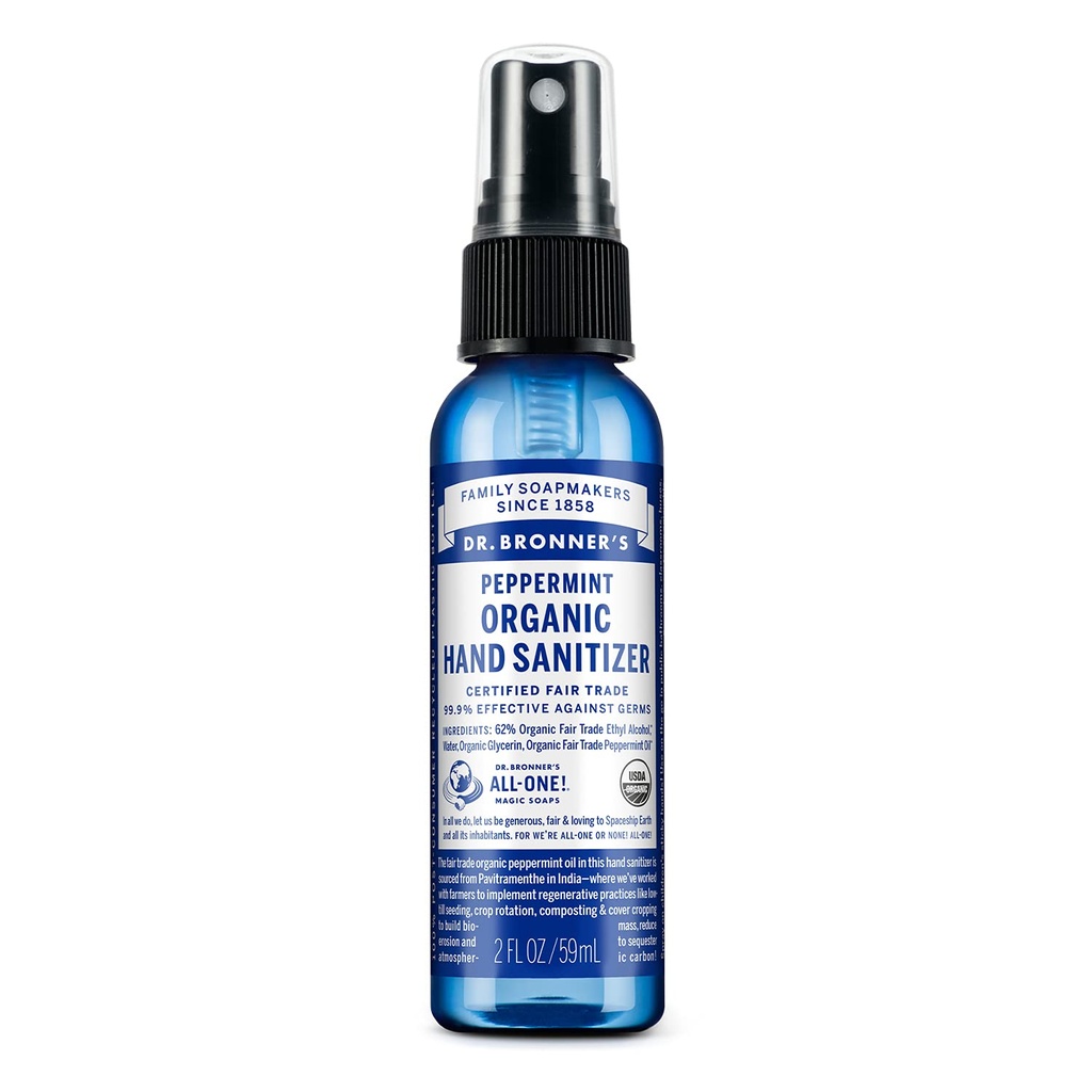 Dr. Bronner's - Organic hånd sanitizer Spray (Peppermint, 2 ounce) - Enkel og effektiv formel, renser og sanitizes, Ingen Harsh kjemikalier, beveger seg og rengjør hender