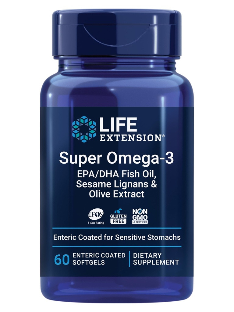 Livsforlengelse Super Omega-3 EPA/DHA Fish Oil, Sesame Lignans & Olive Extract - Hjernehelse, Hjernehelse, Inflammasjons Helsestøtte, Glutenfri, Enterisk Coated, Ikke-GMO, 60 Softgels