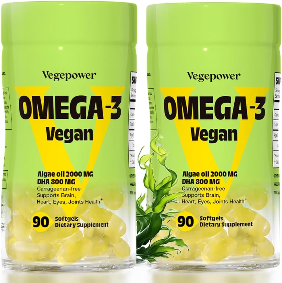 Vegansk Omega-3 DHA Kosttilskudd - Premium Fish Oil Alternativ fra Algae Olje | 90 Carrageenan Free Softgels | Plant Basert Algal DHA Essential Fatty Acids, Non-GMO (Algae, 90 Count (Pack of 2))