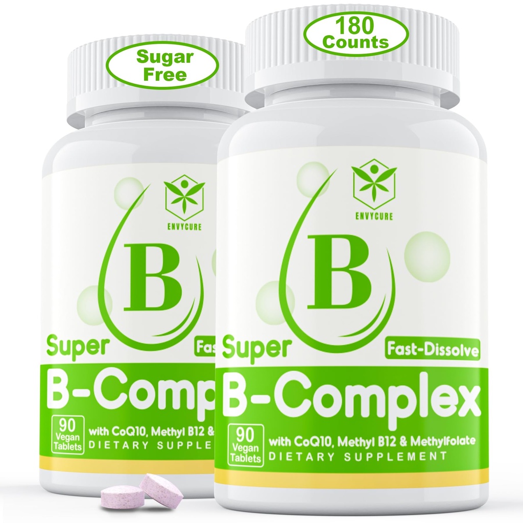 Sukkerfri vitamin B-kompleks med Metyl B12, Metylfolat, B6, B1, B2, B3, Fast Oppløselig Høyt Biotilgjengelig Metylert B-kompleks Supplement for energinivåene, Neural System, Vegan, 180 Tabletter